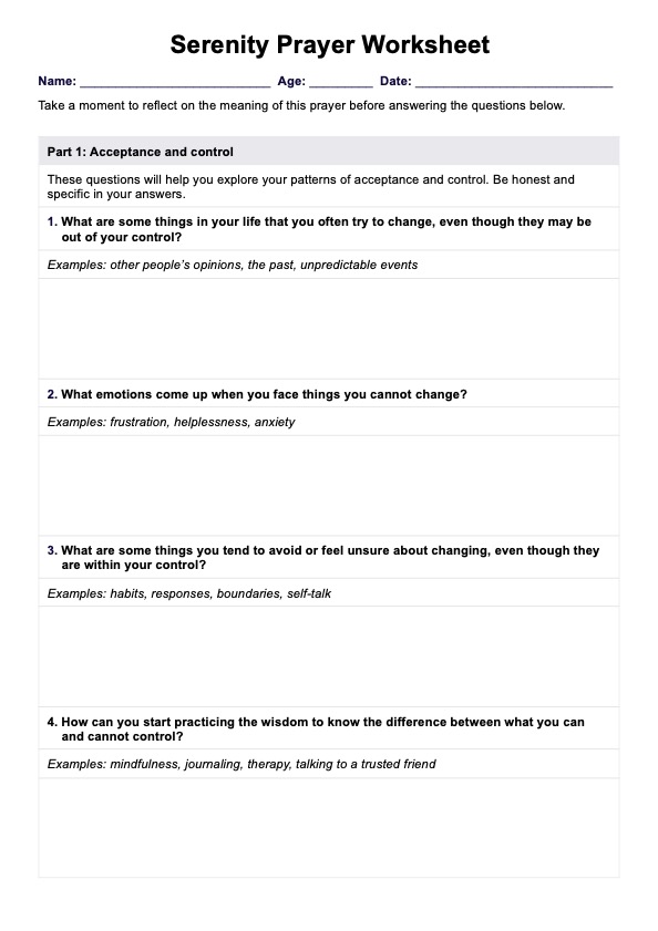 Serenity Prayer CBT Worksheet Example