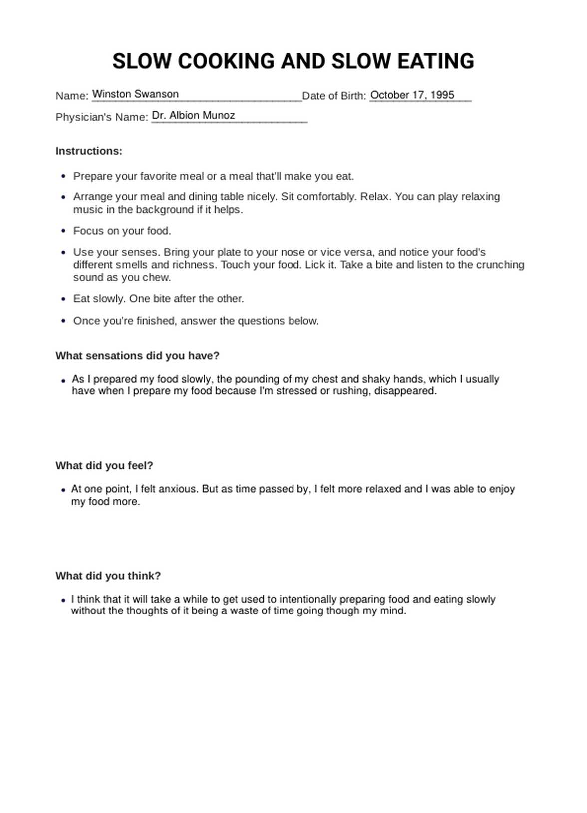 Slow Cooking and Slow Eating PTSD Exercise and Worksheet & Example ...