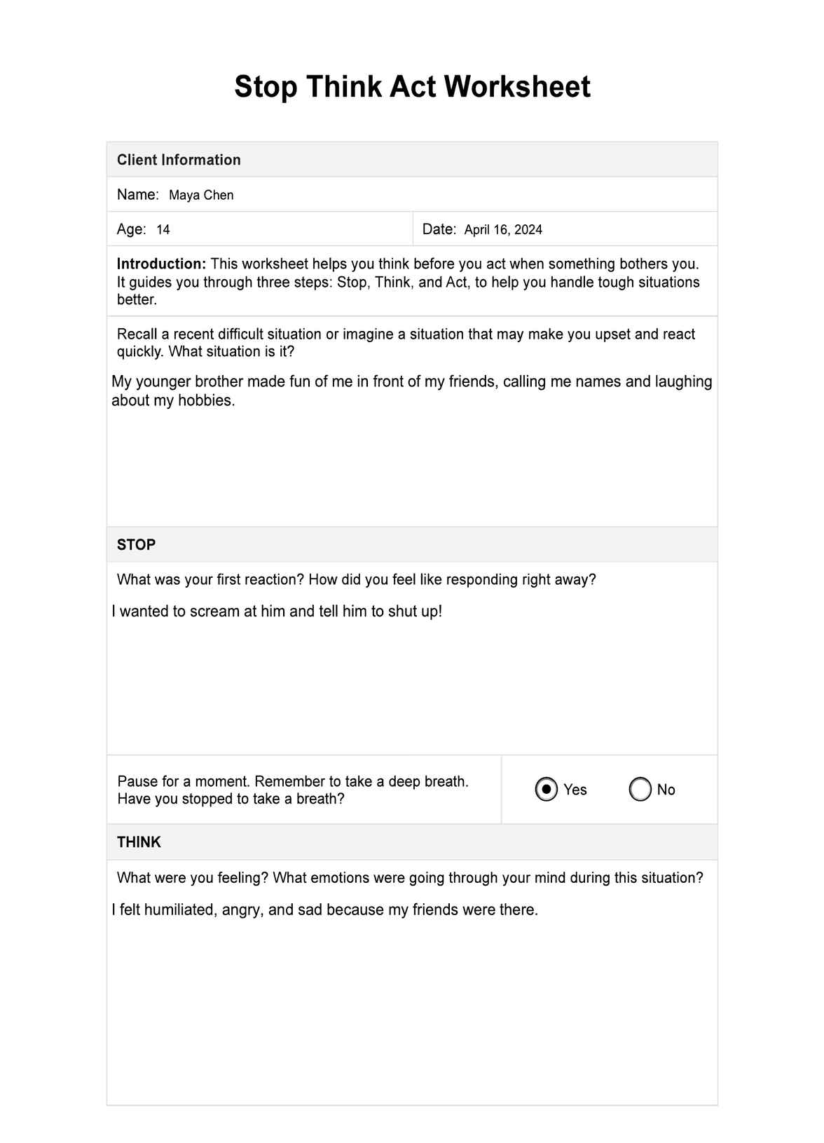 Stop Think Act Worksheet Example Free PDF Download Stop Think Act Worksheet Example Free PDF Download