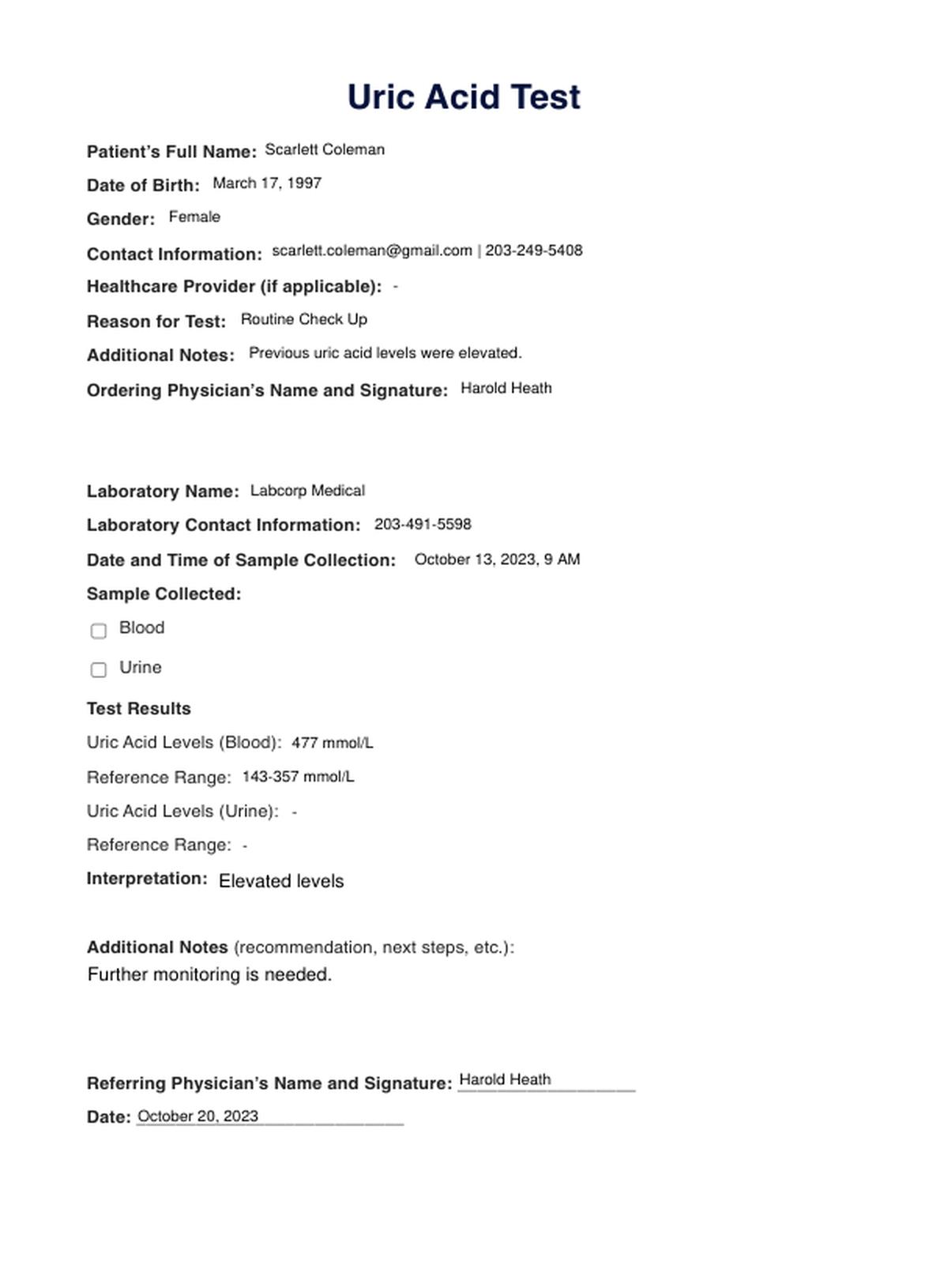 Uric Acid Test & Example Free PDF Download
