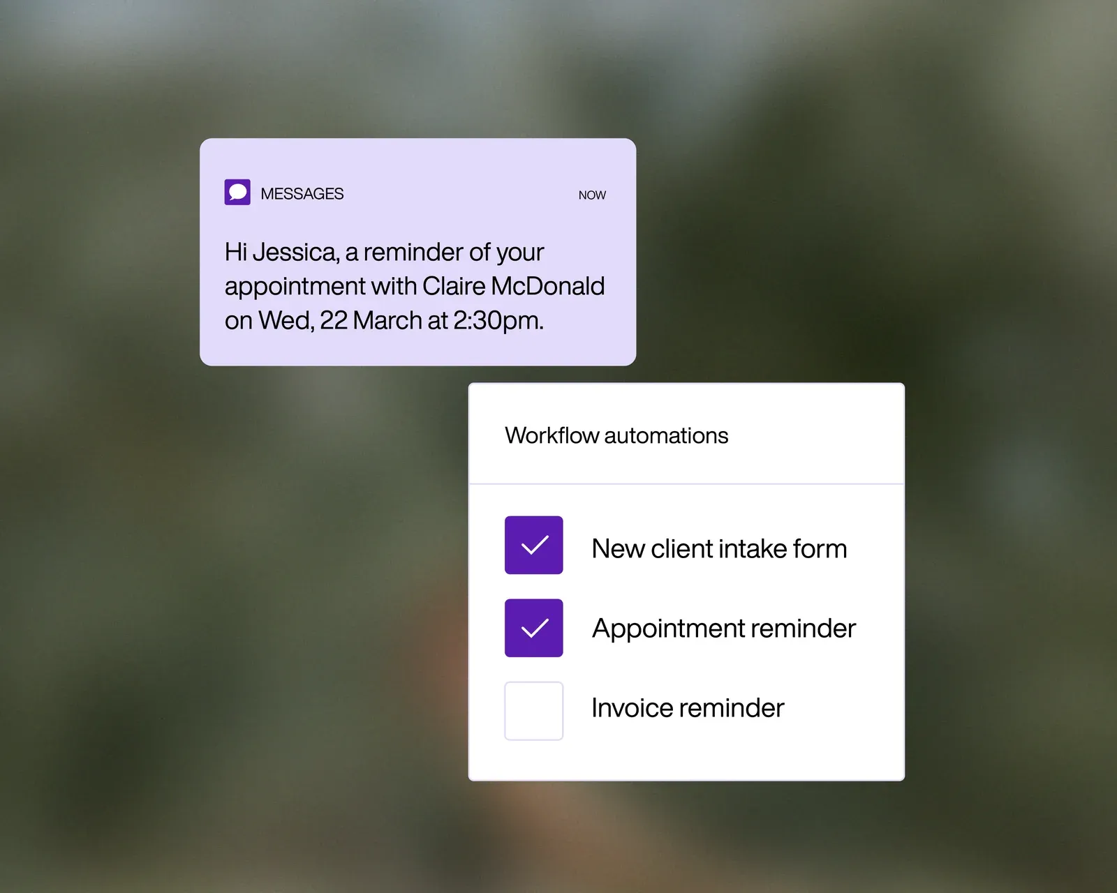 An automated appointment reminder sent from Carepatron